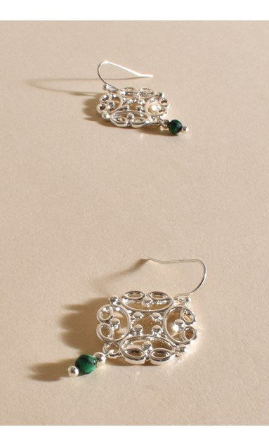 Fallon Stone Drop Filigree Hook Earrings | Green/Silver - Silvermaple Boutique
