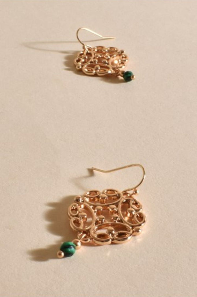 Adorne Fallon Stone Drop Filigree Hook Earrings | Green/Gold_Silvermaple Boutique