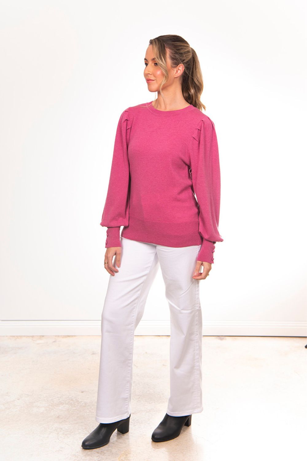 Bridge & Lord Crew Neck Pullover With Puff Sleeve | Pink Rose_Silvermaple Boutique