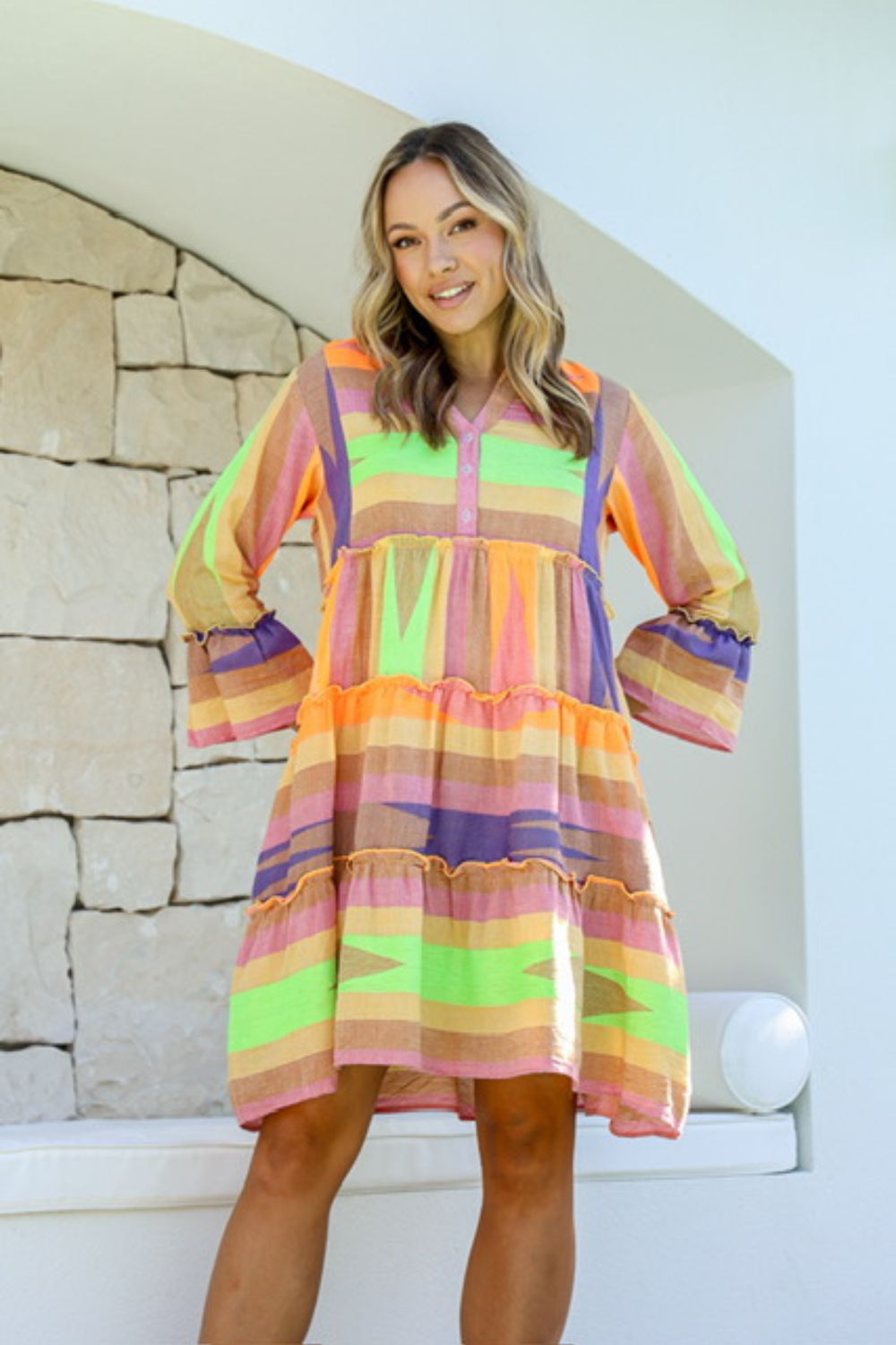 Fashion Express Mediterranean Jacquard Dress | Lime/Pink/Mango_Silvermaple Boutique