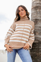 Fashion Express Stripe Roll Neck Knit | Camel/White_Silvermaple Boutique