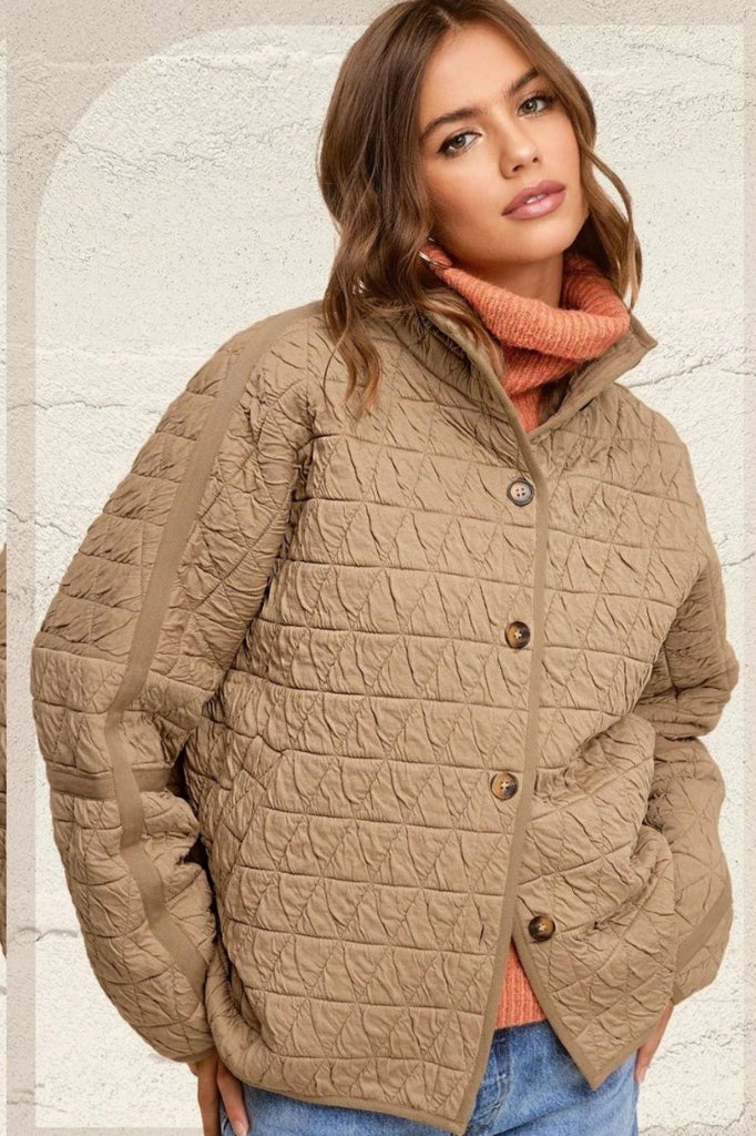 Fashion Express Quilted Funnel Neck Jacket | Camel_Silvermaple Boutique