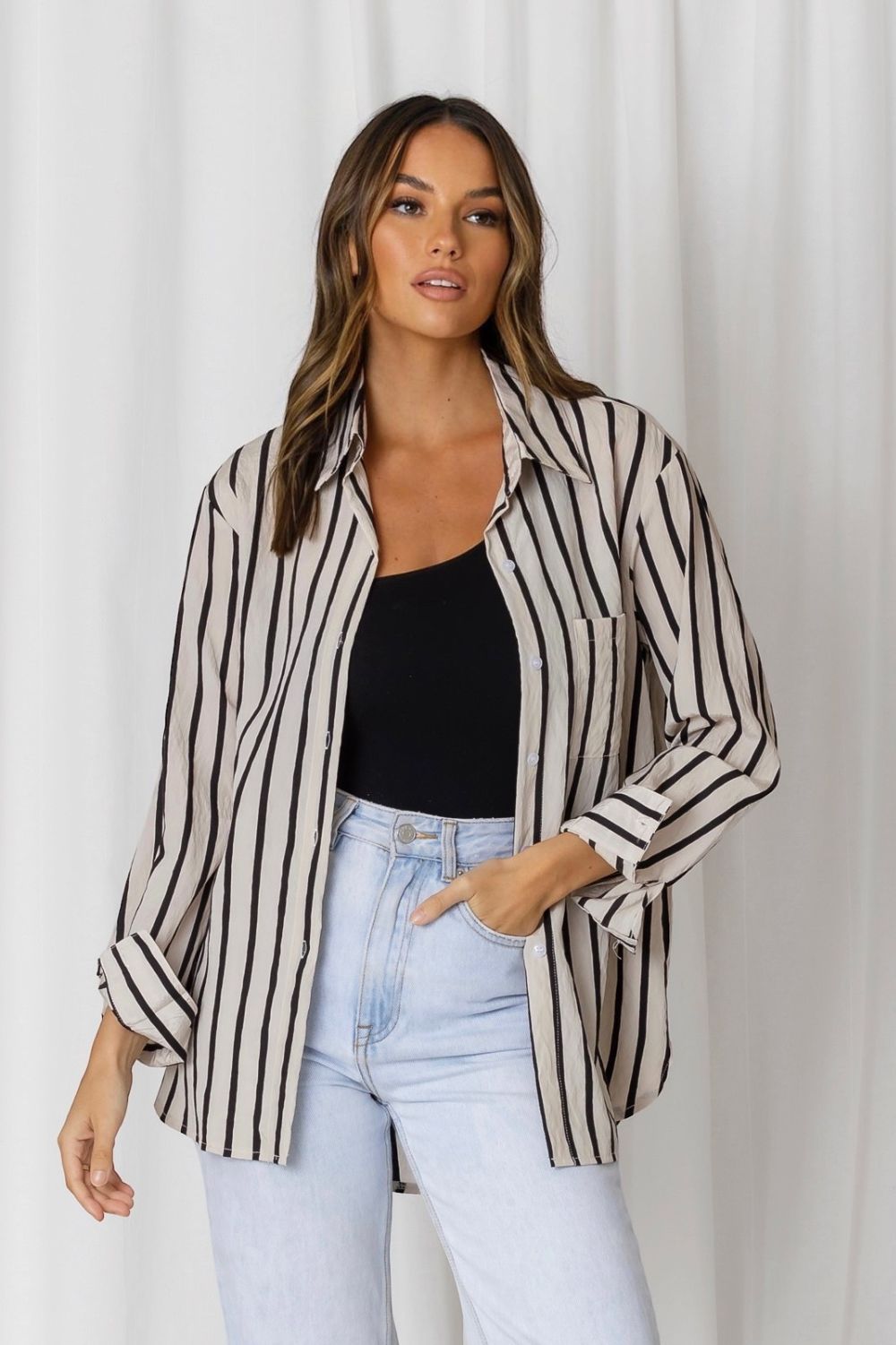 Fashion Express Solace Stripe Relaxed Shirt | Taupe/Black_Silvermaple Boutique