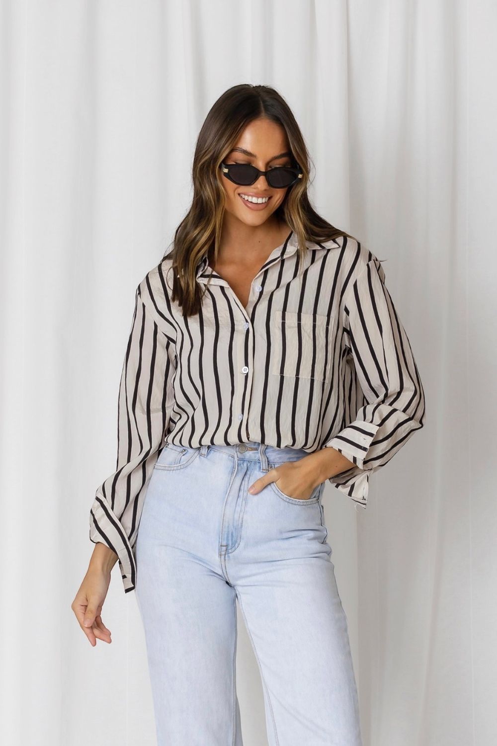 Fashion Express Solace Stripe Relaxed Shirt | Taupe/Black_Silvermaple Boutique