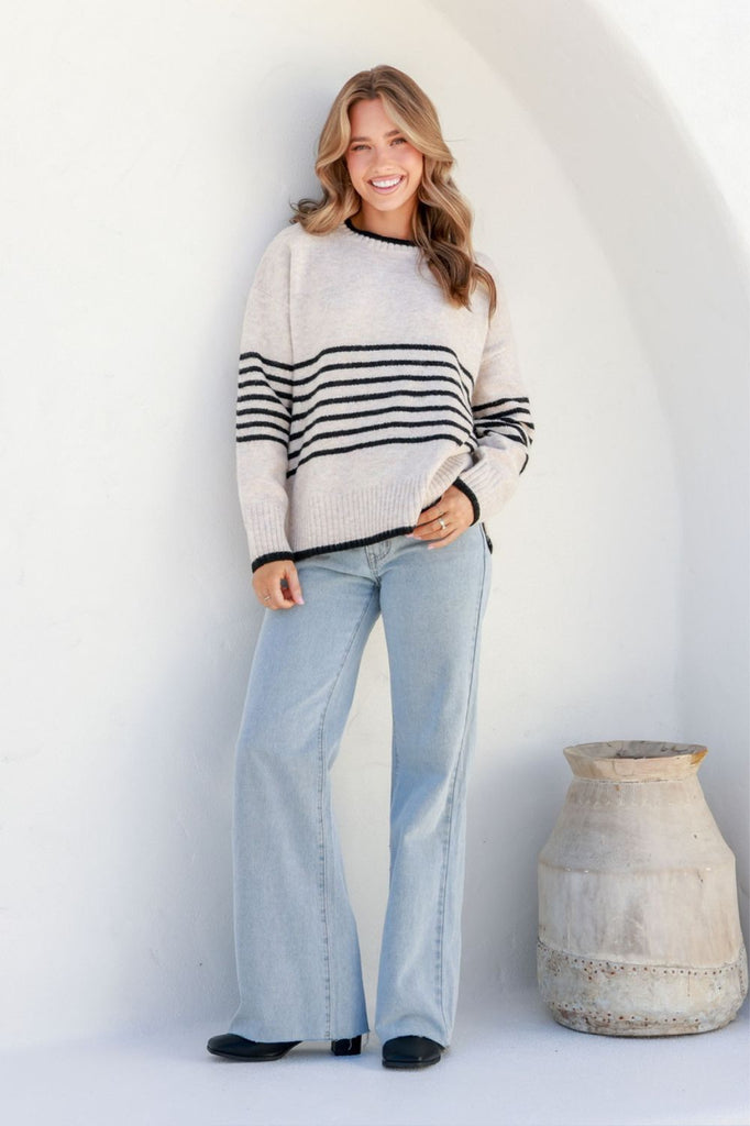 Fashion Express Dana Half Stripe Knit | Oatmeal/Black_Silvermaple Boutique