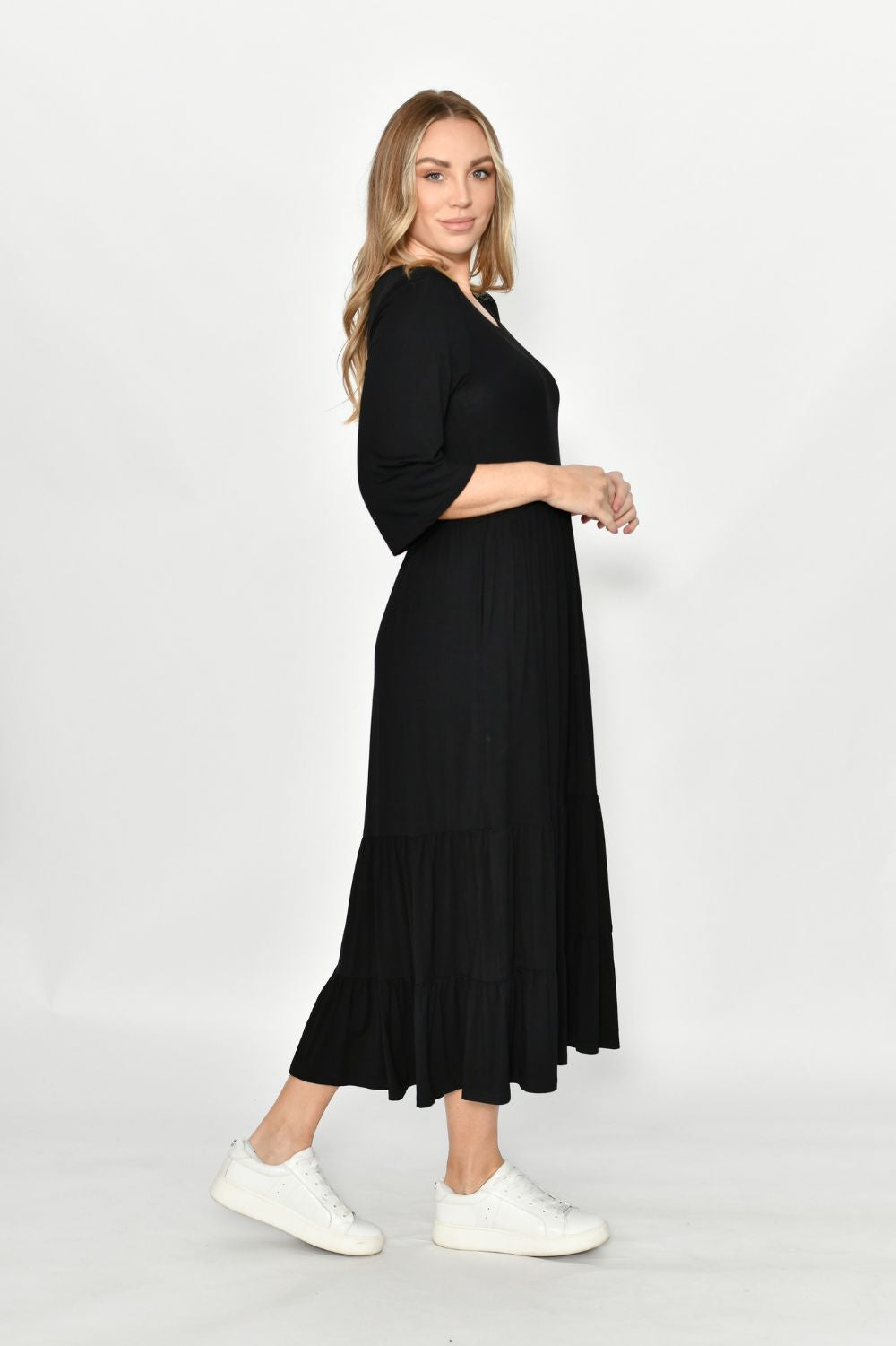 Fashion Express Tiered Jersey Long Dress | Black_Silvermaple Boutique