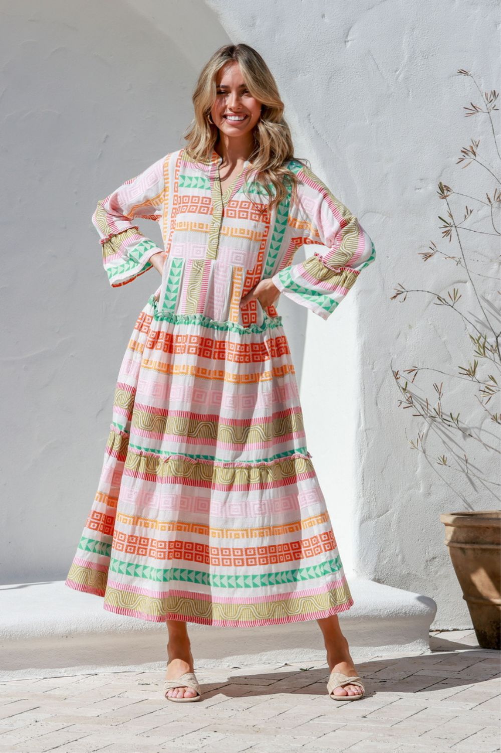 Fashion Express Mediterranean Jacquard Maxi Dress | Pink/Orange/Green_Silvermaple Boutique