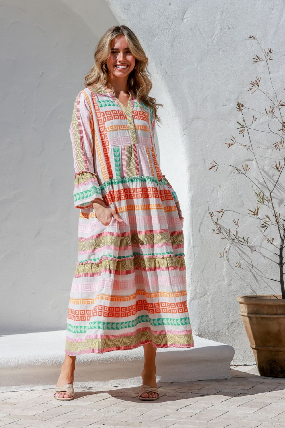 Fashion Express Mediterranean Jacquard Maxi Dress | Pink/Orange/Green_Silvermaple Boutique