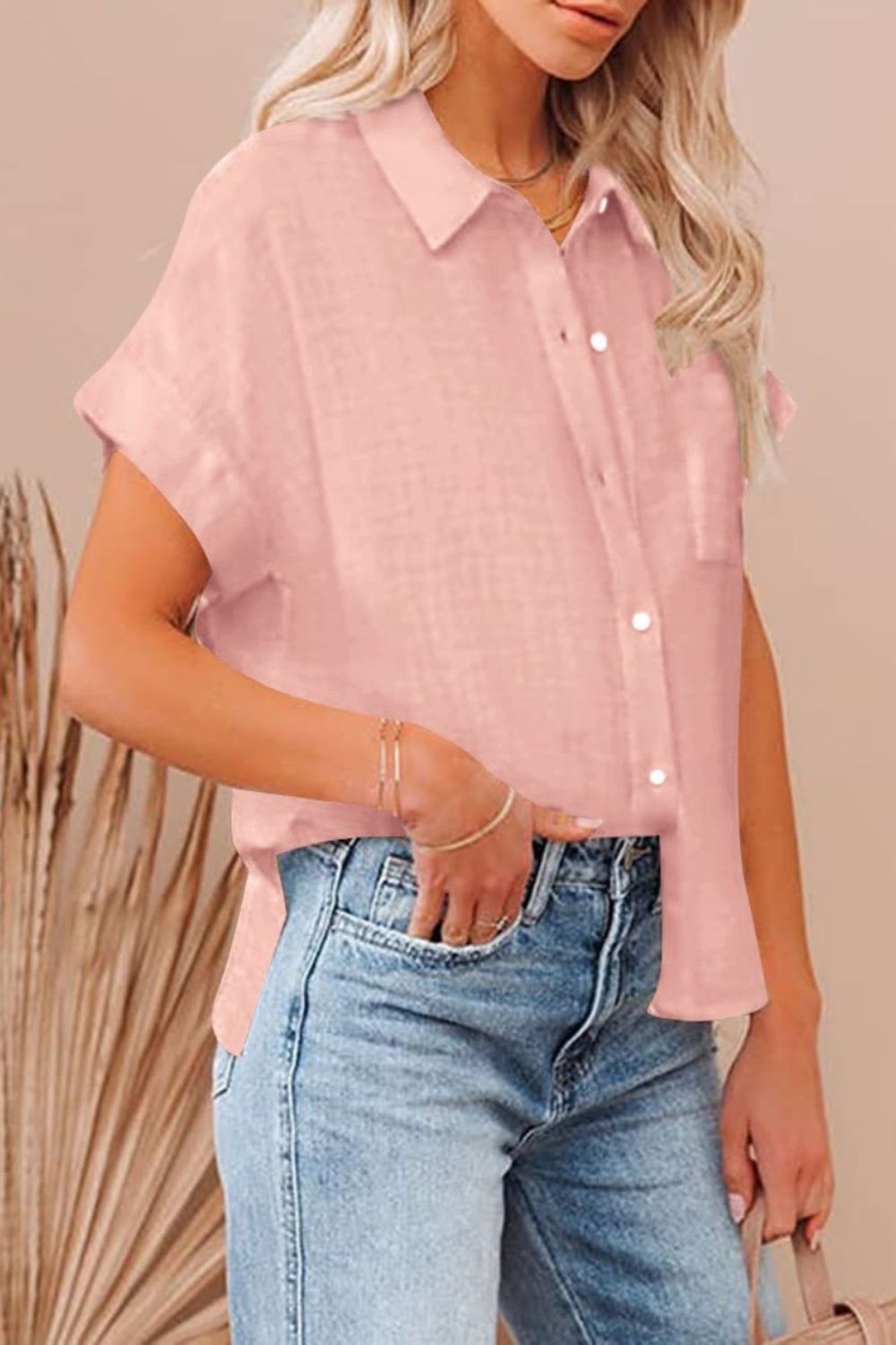 Fashion Express Textured Short Sleeve Shirt | Pink _Silvermaple Boutique