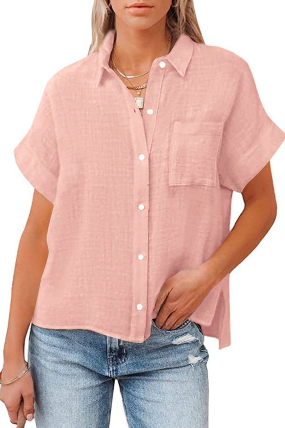 Fashion Express Textured Short Sleeve Shirt | Pink _Silvermaple Boutique