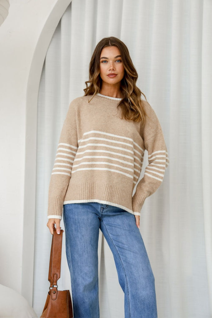 Fashion Express Dana Half Stripe Knit | Camel/White _Silvermaple Boutique