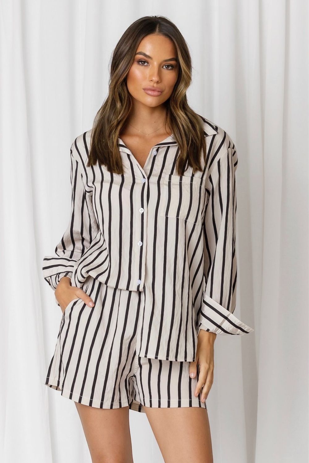 Fashion Express Solace Stripe Relaxed Shirt | Taupe/Black_Silvermaple Boutique