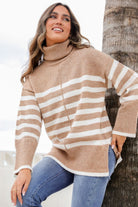 Fashion Express Stripe Roll Neck Knit | Camel/White_Silvermaple Boutique