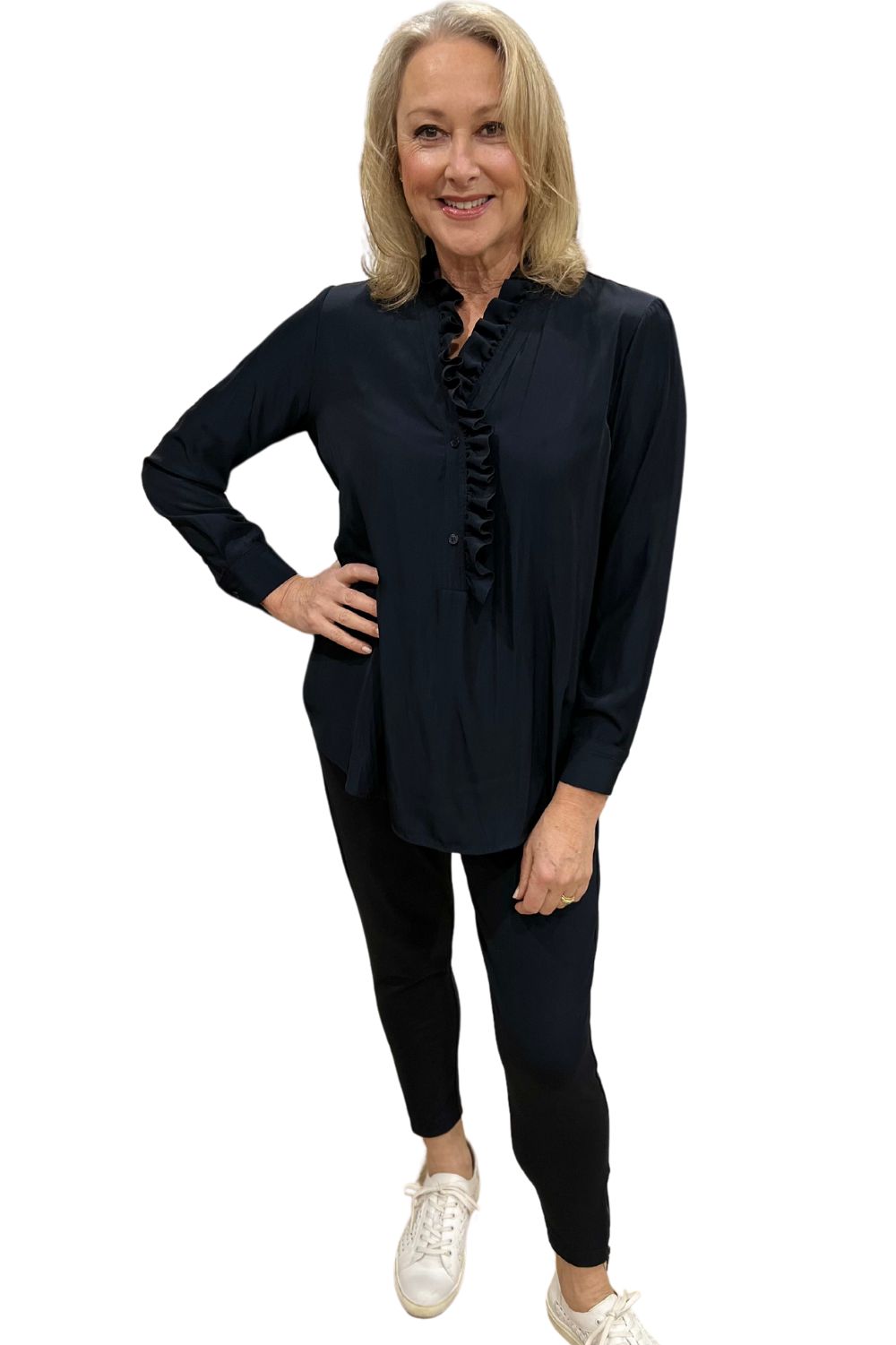 Mela Purdie Frill Neck Blouse | Navy_Silvermaple Boutique