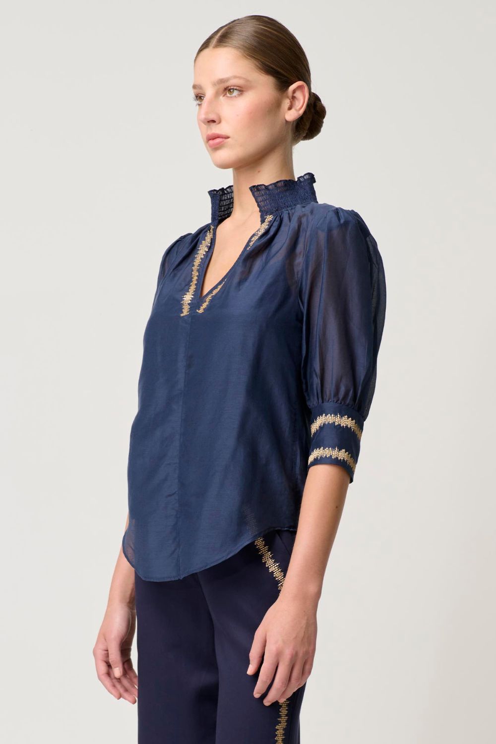 Once Was Mustique Shirred Collar Embroidered Blouse | Ink_Silvermaple Boutique