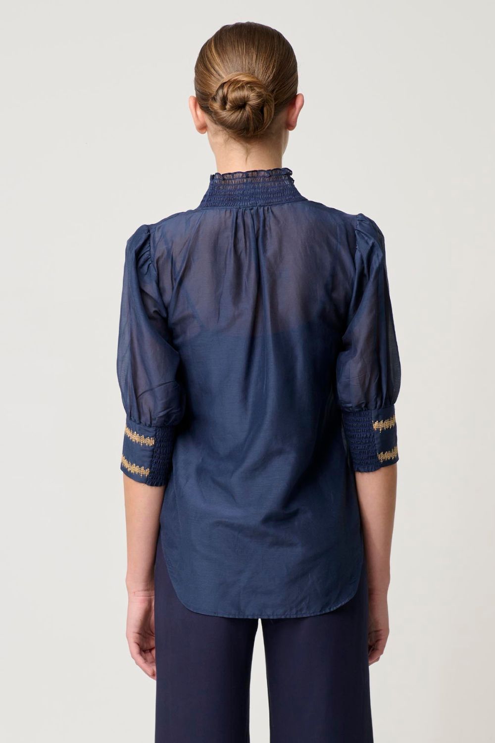 Once Was Mustique Shirred Collar Embroidered Blouse | Ink_Silvermaple Boutique