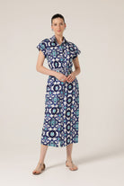 Sacha Drake Tree Swallow Shirtmaker Dress | Aqua Navy Tile_Silvermaple Boutique