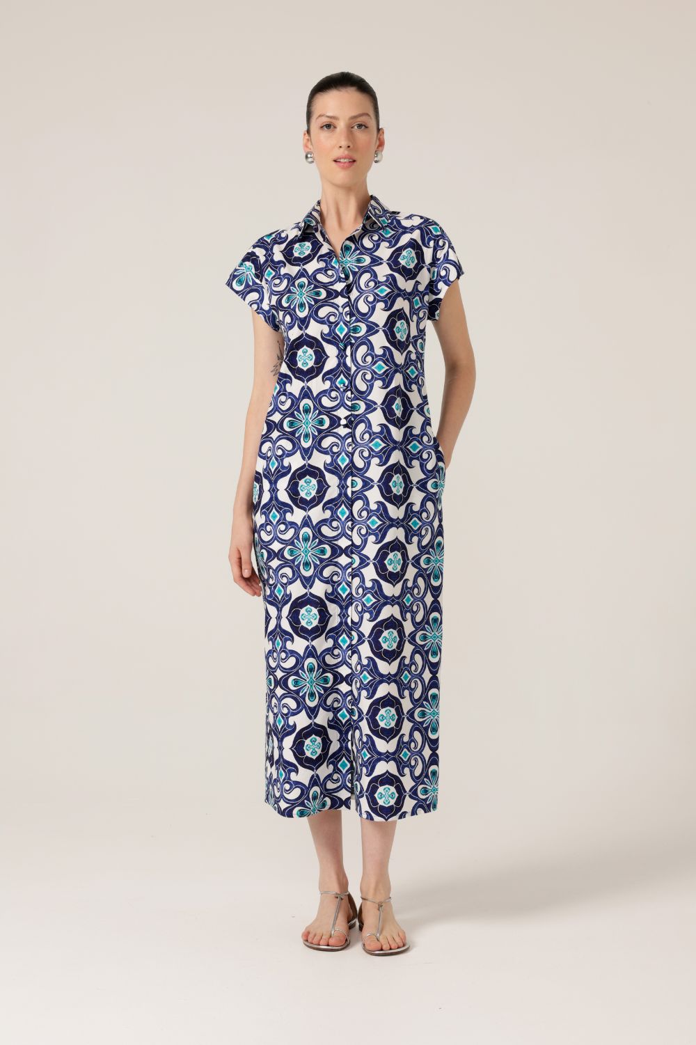 Sacha Drake Tree Swallow Shirtmaker Dress | Aqua Navy Tile_Silvermaple Boutique