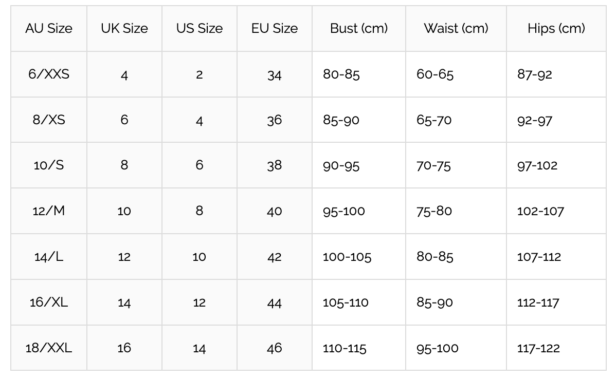 Australian Size Guide - Silvermaple Boutique 