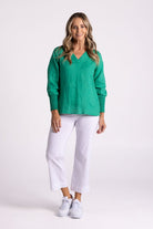 Silvermaple Collection Carrie Linen V-Neck Top | Emerald