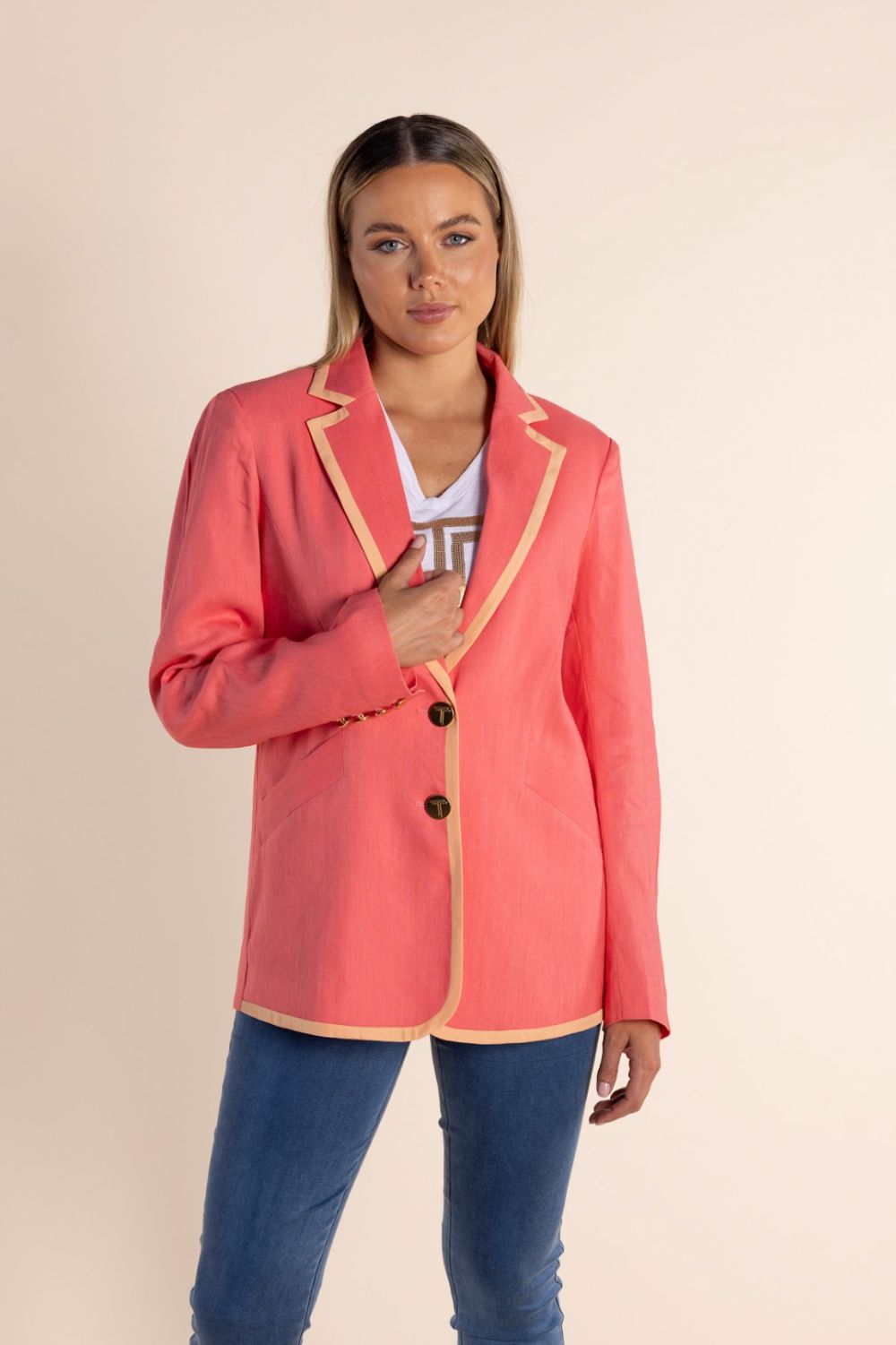 Two T's Linen Mix Blazer With Contrast Trim | Spring Pink/Mandarin Trim_Silvermaple Boutique