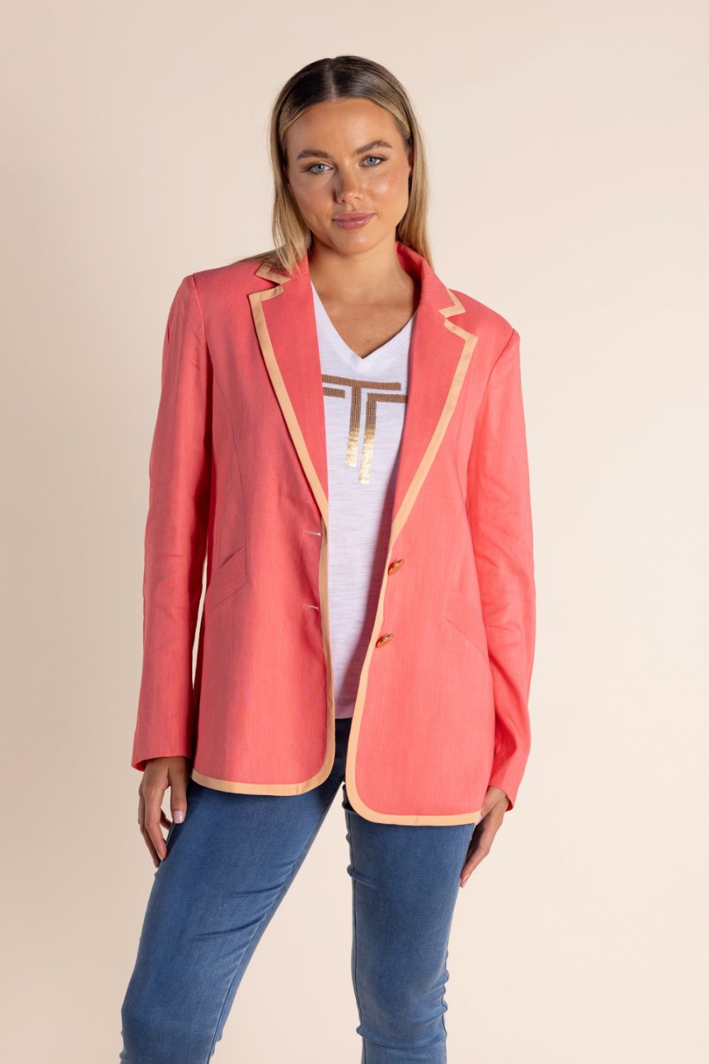 Two T's Linen Mix Blazer With Contrast Trim | Spring Pink/Mandarin Trim_Silvermaple Boutique