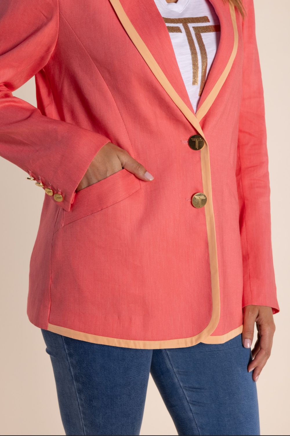 Two T's Linen Mix Blazer With Contrast Trim | Spring Pink/Mandarin Trim_Silvermaple Boutique