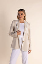 Two T's Linen Mix Blazer With Contrast Trim | Natural/White Trim_Silvermaple Boutique