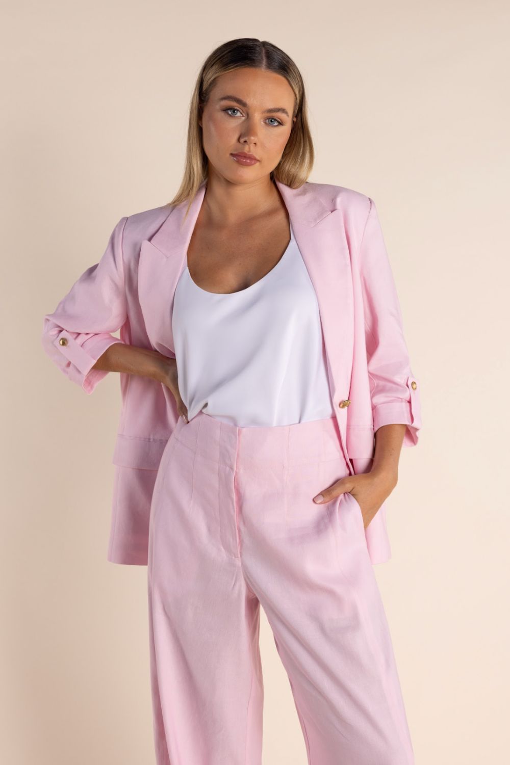 Two T's Linen Mix Blazer with Tab Sleeve | Pink Rose_Silvermaple Boutique