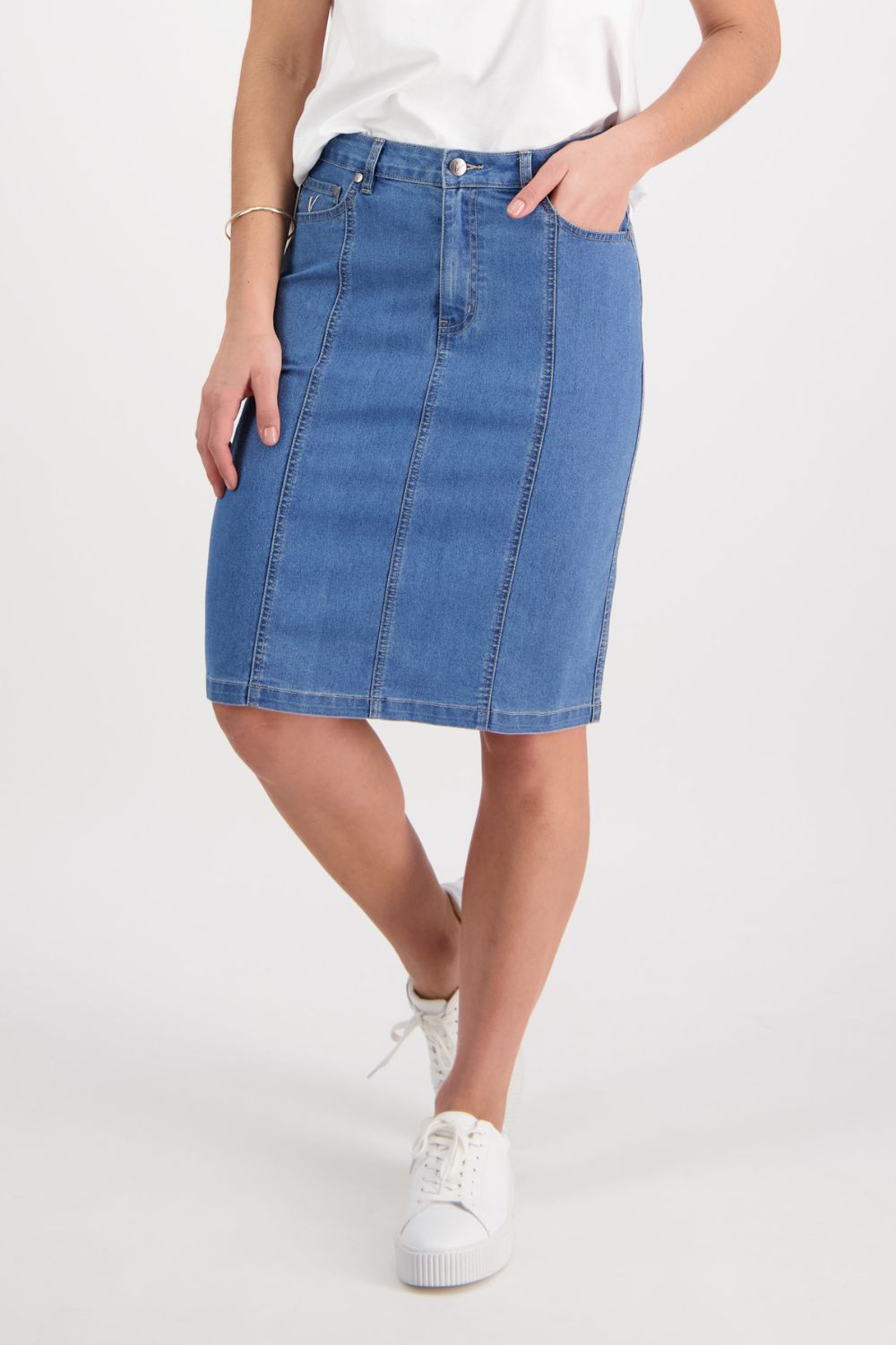 Vassalli Contrast Stitch Denim Skirt | Light Denim_Silvermaple Boutique