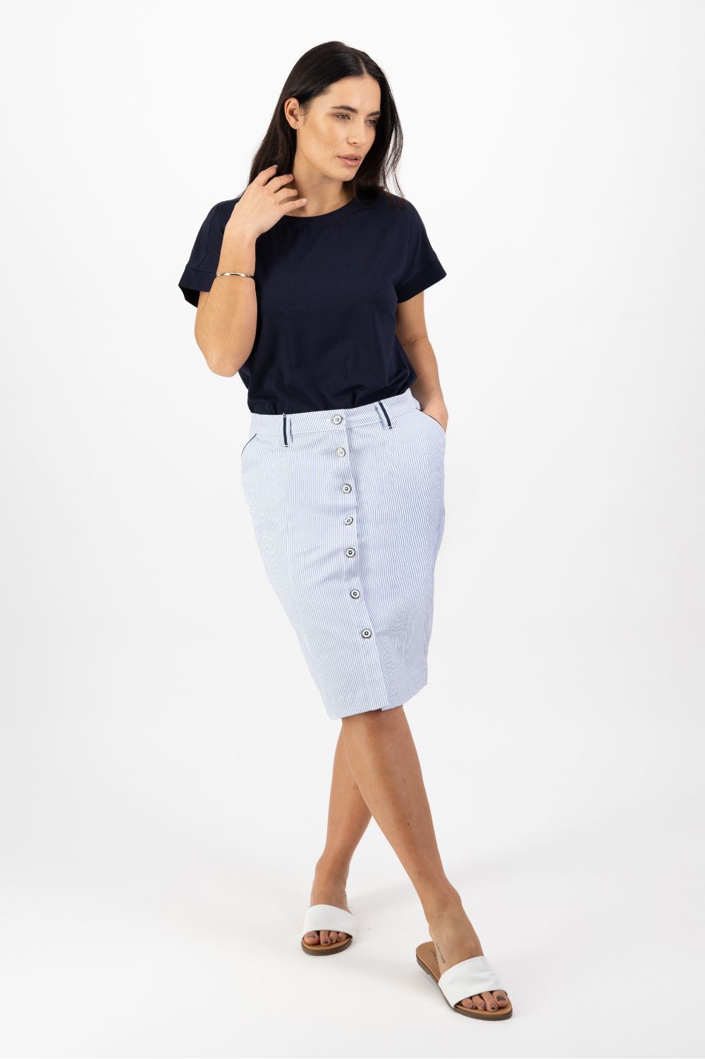 Vassalli Button Through Skirt | Blue Stripe_Silvermaple Boutique