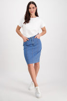 Vassalli Contrast Stitch Denim Skirt | Light Denim_Silvermaple Boutique