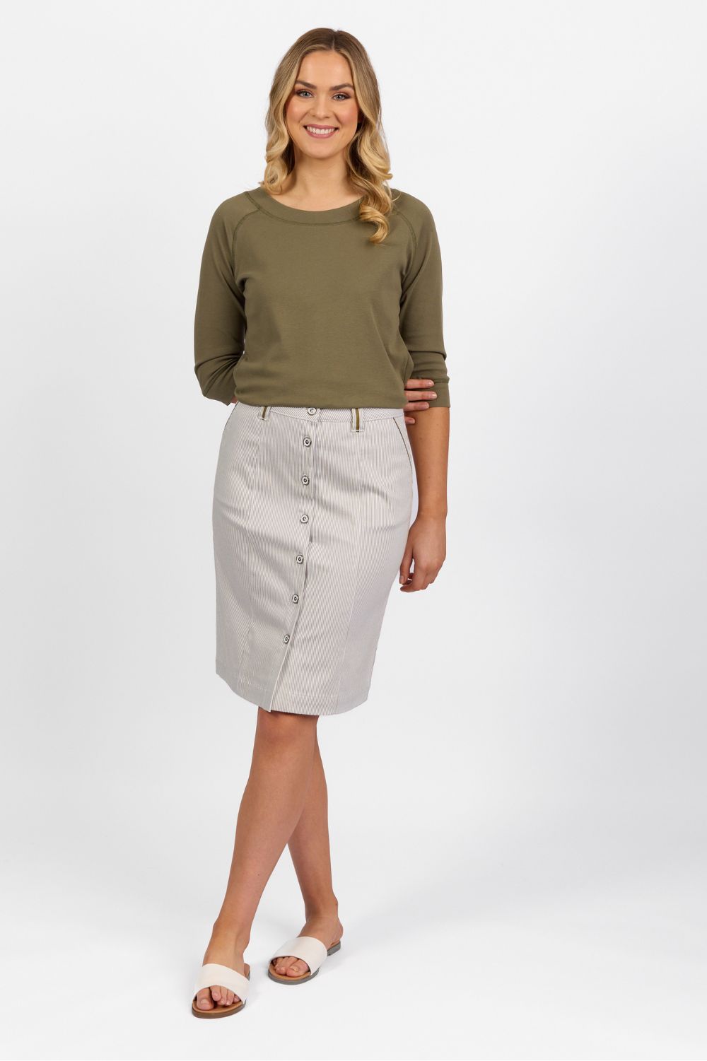 Vassalli Button Through Skirt | Khaki Stripe_Silvermaple Boutique