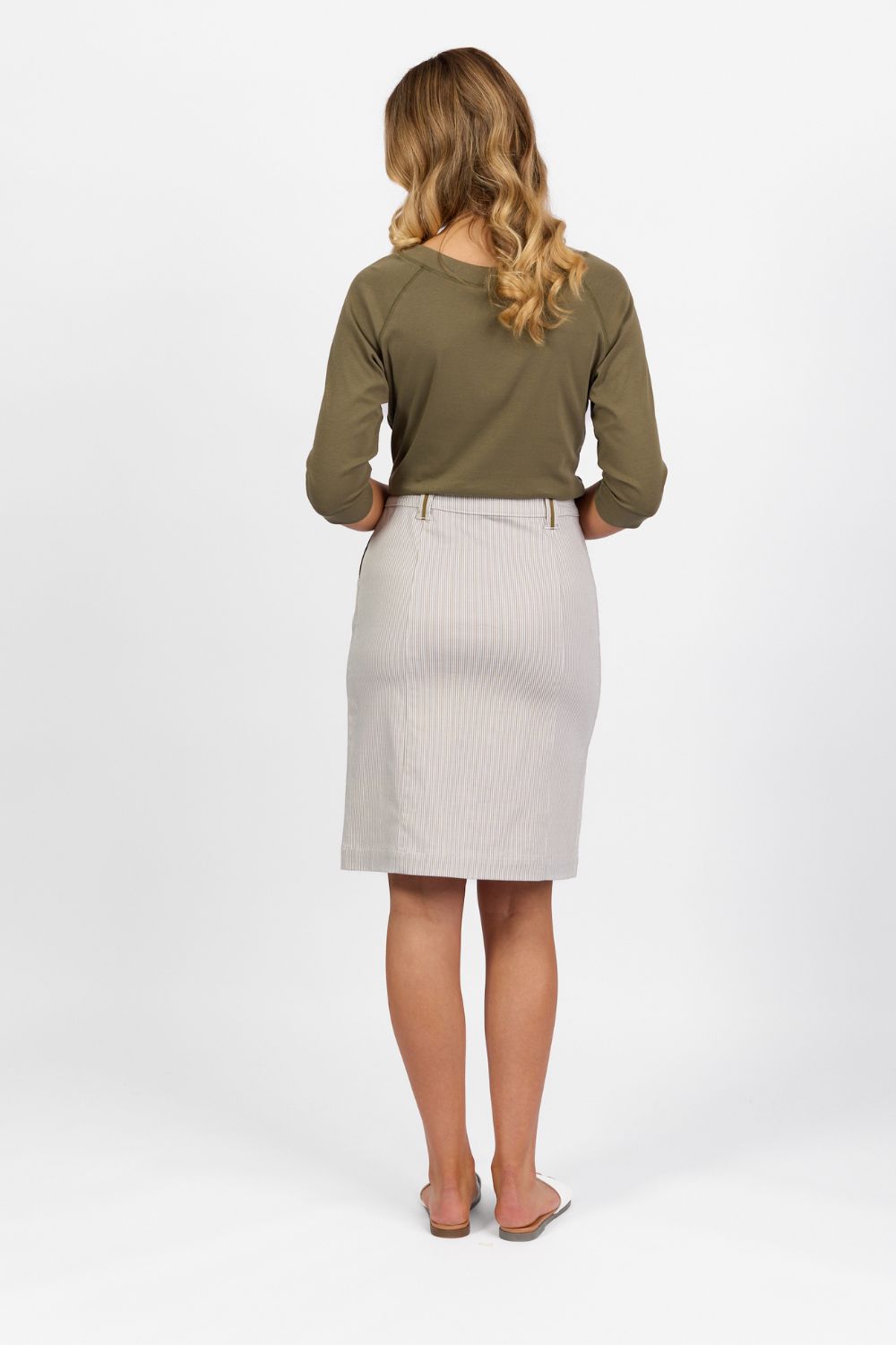 Vassalli Button Through Skirt | Khaki Stripe_Silvermaple Boutique