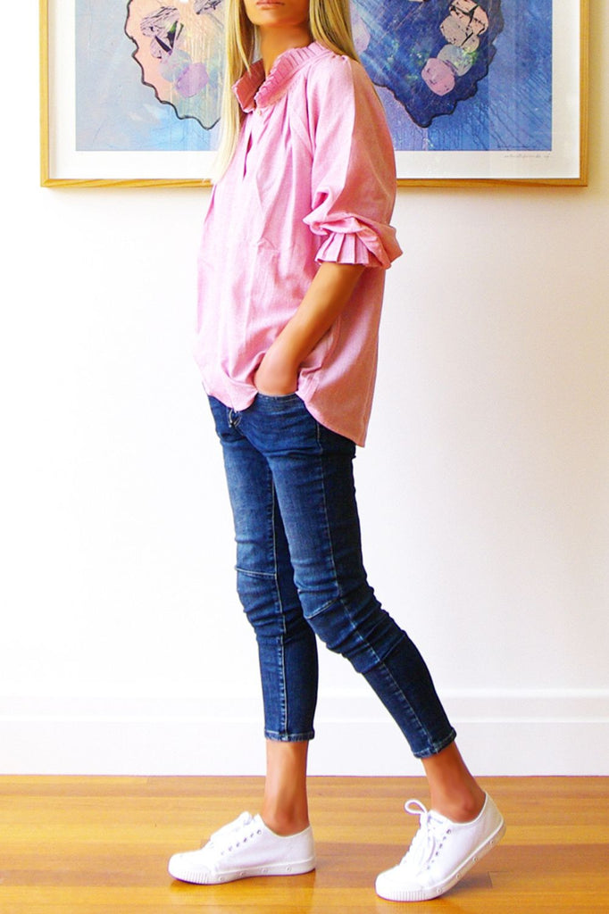 Who's Charlie Olive Shirt | Fine Pink & White Stripe_Silvermaple Boutique