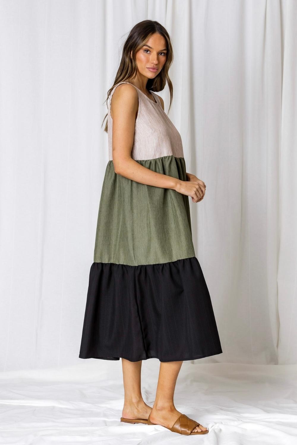 Fashion Express Kim Colour Block Tiered Midi Dress | Olive_Silvermaple Boutique