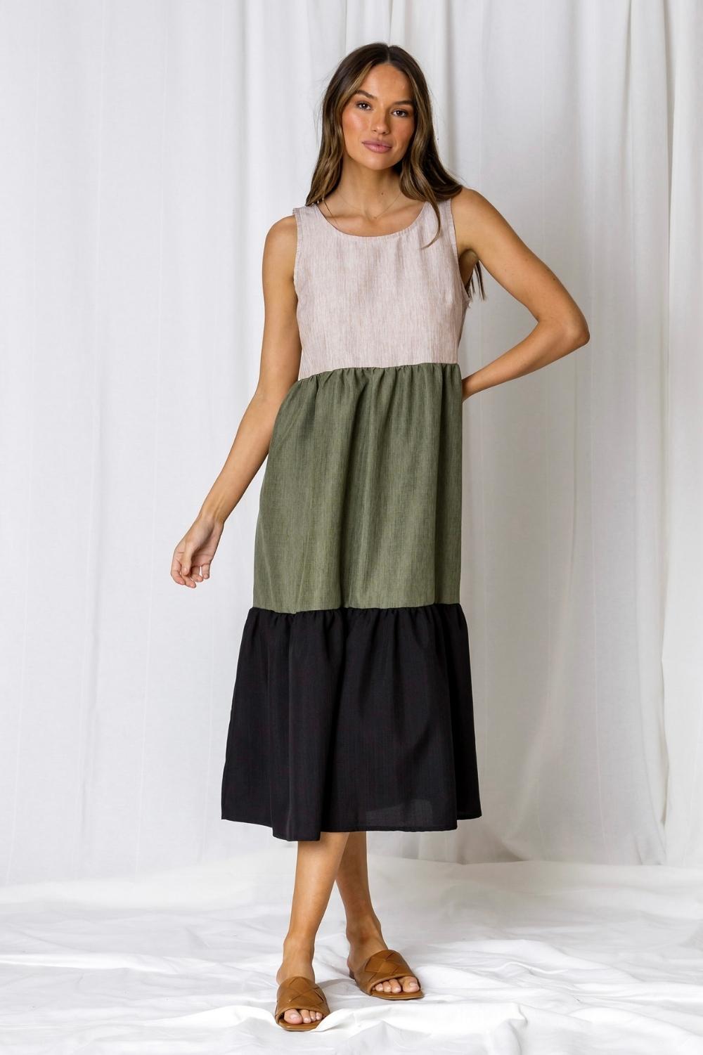 Fashion Express Kim Colour Block Tiered Midi Dress | Olive_Silvermaple Boutique