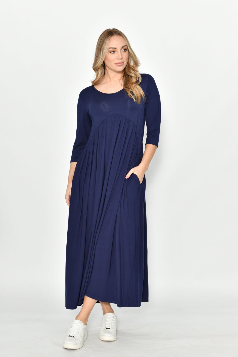 Fashion Express Draped Jersey Maxi Dress with Side Pockets | Navy_Silvermaple Boutique